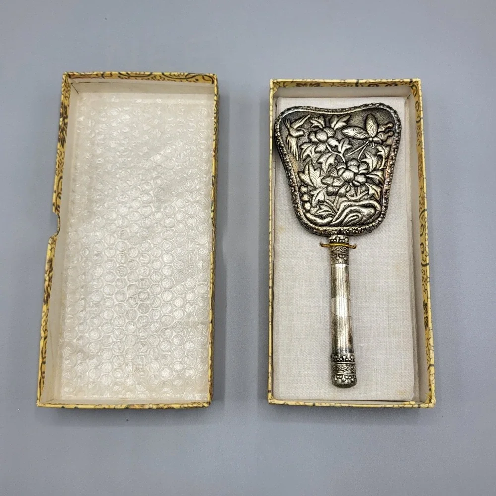 Vintage Hand Mirror Repousse Floral Dragonfly Silver Tone Ornate 6.5